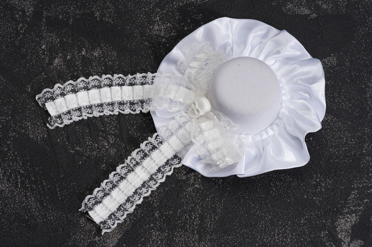 White Gothic Skeleton Lace Bow Ruffle Hem Hat Hairclip