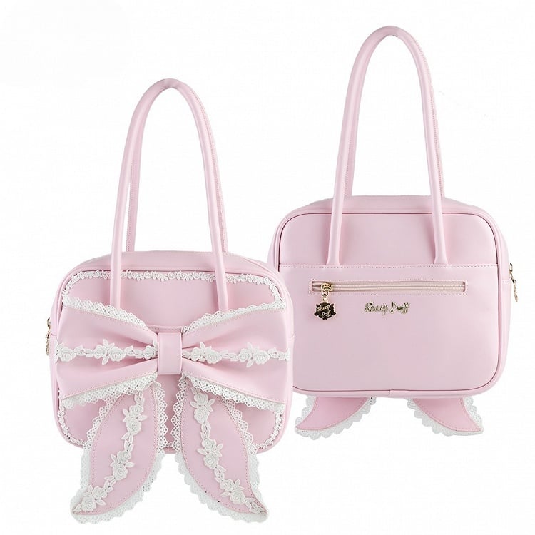 Pink Lace Trim Bowknot Design Hand Bag