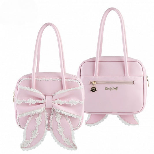 Old School Lolita Square Pink PU Shoulder Bag with Lace Details and Bow