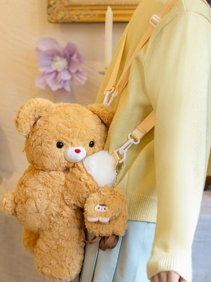 Dark Yellow Bear Plush Backpack Crossbody Bag + Plush Bear Backpack Keychain Small/Middle/Large Size