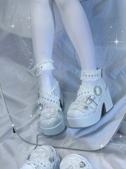 Jirai Kei Tenshi Kaiwai Platform Heels: Light Blue Criss-Cross Buckle Straps with Lace & Rhinestone Details