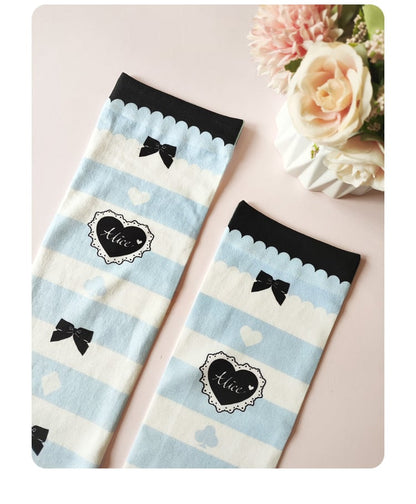 Blue & White Stripes Bow and Heart Print Over Knee Stockings