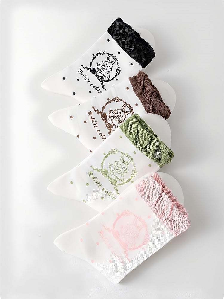 Mint Green/Pink/Black/Brown Lolita Bunny Print Polka-dot Pattern Ruffled Calf Stock