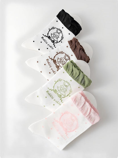 Mint Green/Pink/Black/Brown Lolita Bunny Print Polka-dot Pattern Ruffled Calf Stock