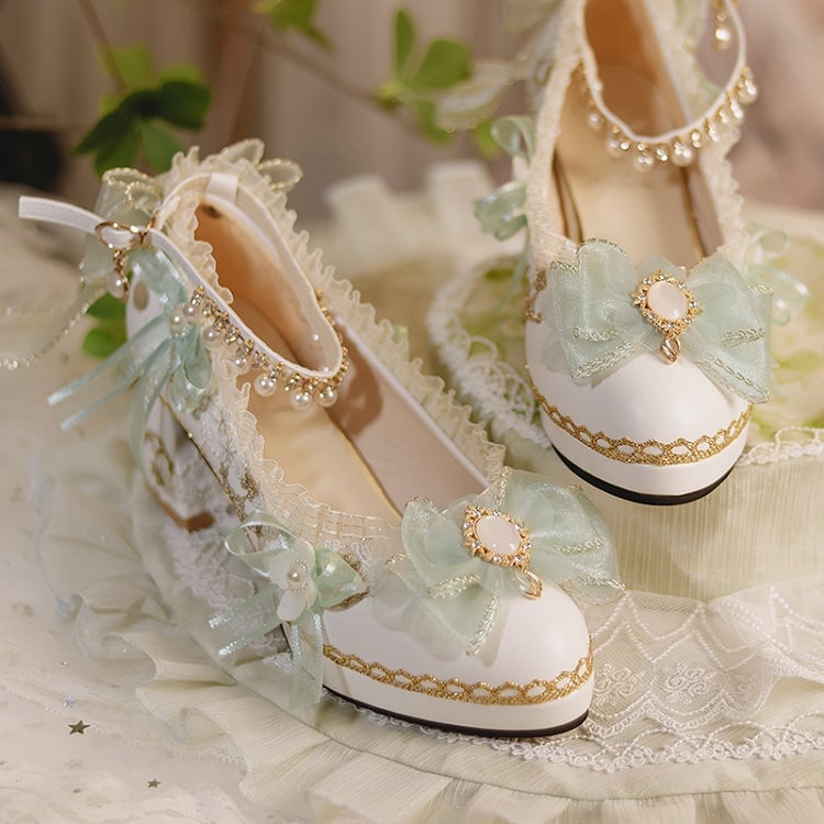 White & Light Green Floral and Bow Accent 5-6CM Hime Lolita Block Heels