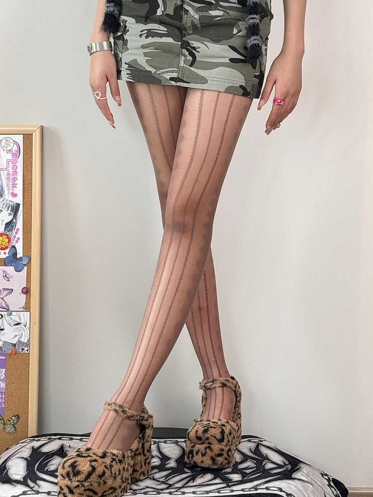 Black/White/Gray/Brown Striped Pattern Tights
