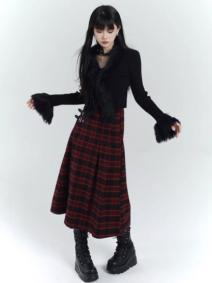 Gothic Black V-Neck Plush Trim Slim-fitting Knitted Sweater