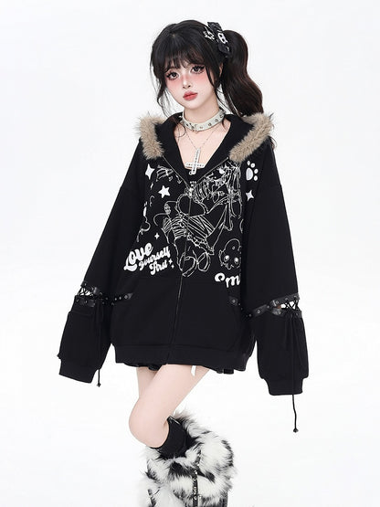 Khaki/Black Faux Fur Collar Loose Punk Coat with Lace-Up Detail