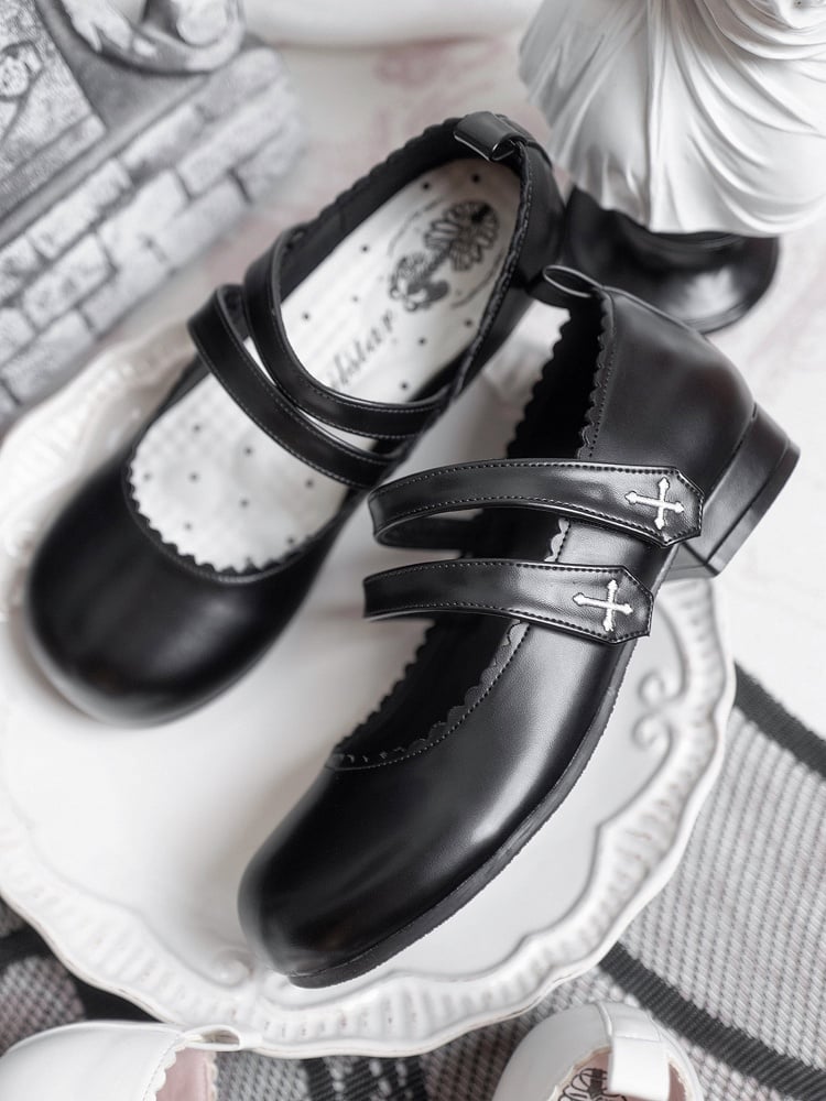 Black Gothic Cross Embroidery Velcro Strap Closures Round Toe Flats