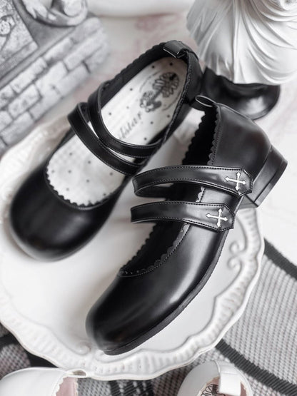 Black Gothic Cross Embroidery Velcro Strap Closures Round Toe Flats