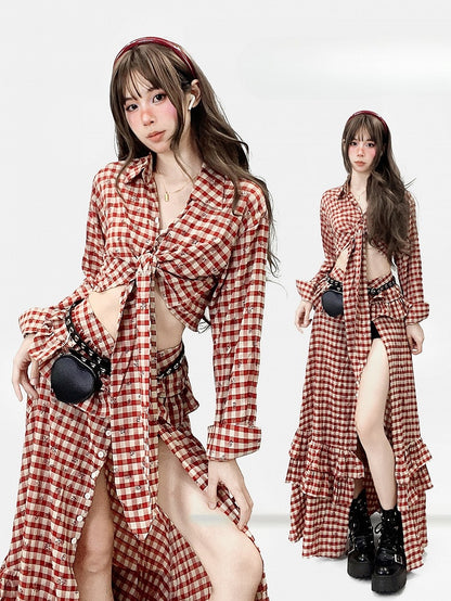 Red Plaid Pattern Floral Print Twist Details Shirt + Thigh-high Slit High-low Skirt