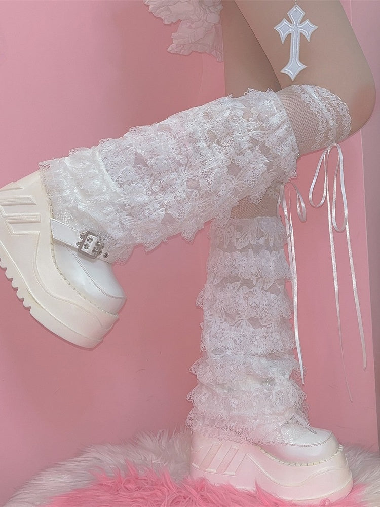 White Lace Floral Pattern Bowknot Details Semi-sheer Leg Sleeves With Self-tie Straps