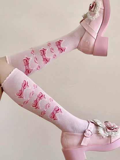 Pink Sweet Bowknot Pattern Lolita Calf Socks