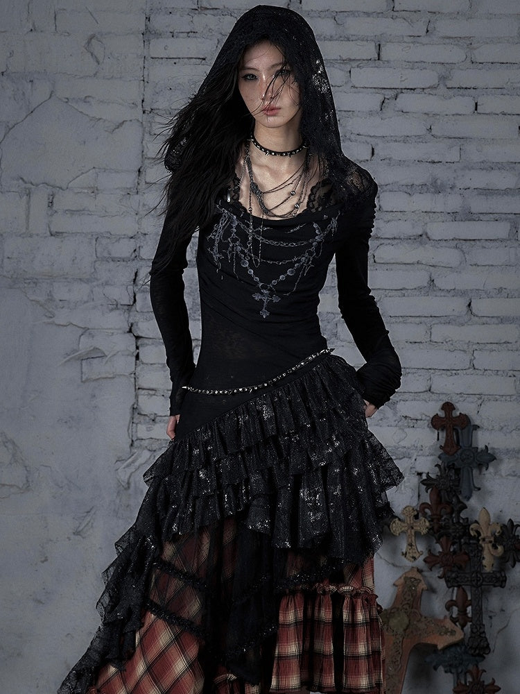 Black/Beige Wasteland Punk Cross Beaded Chain Print Lace Trim Dress