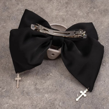 Cross Charm Gothic Black Skull Big Bow Hairclip