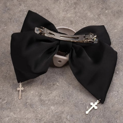 Cross Charm Gothic Black Skull Big Bow Hairclip