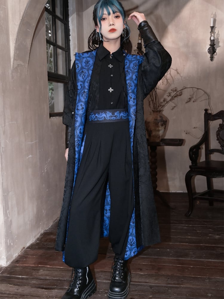 Reversible Blue Seahorses and Coral Print Black Jacquard Cheongsam Style Long Coat