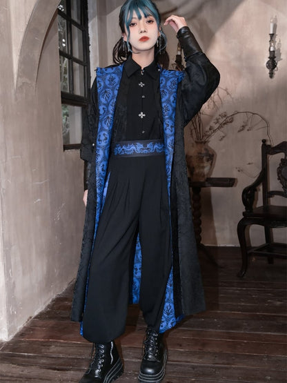 Reversible Blue Seahorses and Coral Print Black Jacquard Cheongsam Style Long Coat