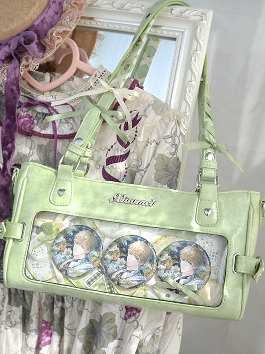 Green PU Leather Adjustable Strap Ita Shoulder Bag With Transparent Display Window