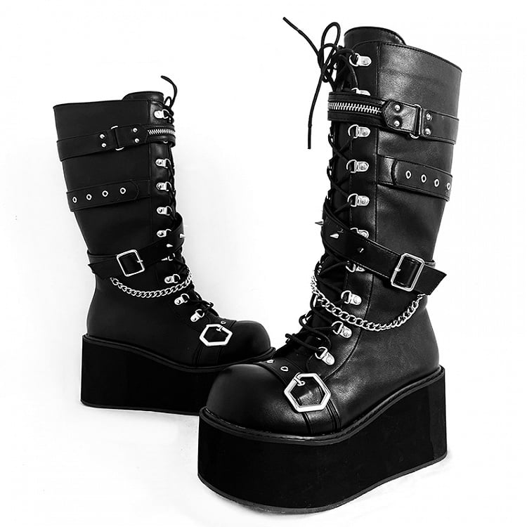 Studs Chains Metal Punk Matte Black Platform Boots