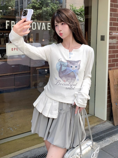 Adorable Cartoon Kitty Print Sweetheart Button Details White Faux Two-pieces Top