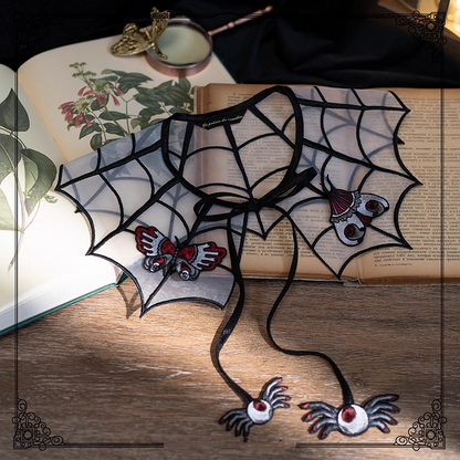 White and Black Spider Web Embroidery Organza Fake Collar with Detachable Butterfly and Moth Brooch