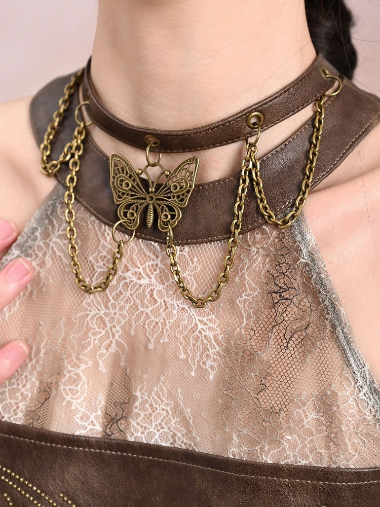Chains Decorated Light Brown Wasteland Punk PU Butterfly Choker