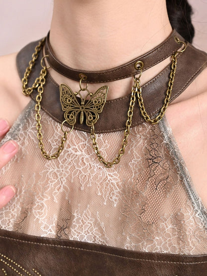 Chains Decorated Light Brown Wasteland Punk PU Butterfly Choker