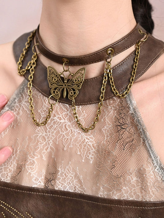 Chains Decorated Light Brown Wasteland Punk PU Butterfly Choker