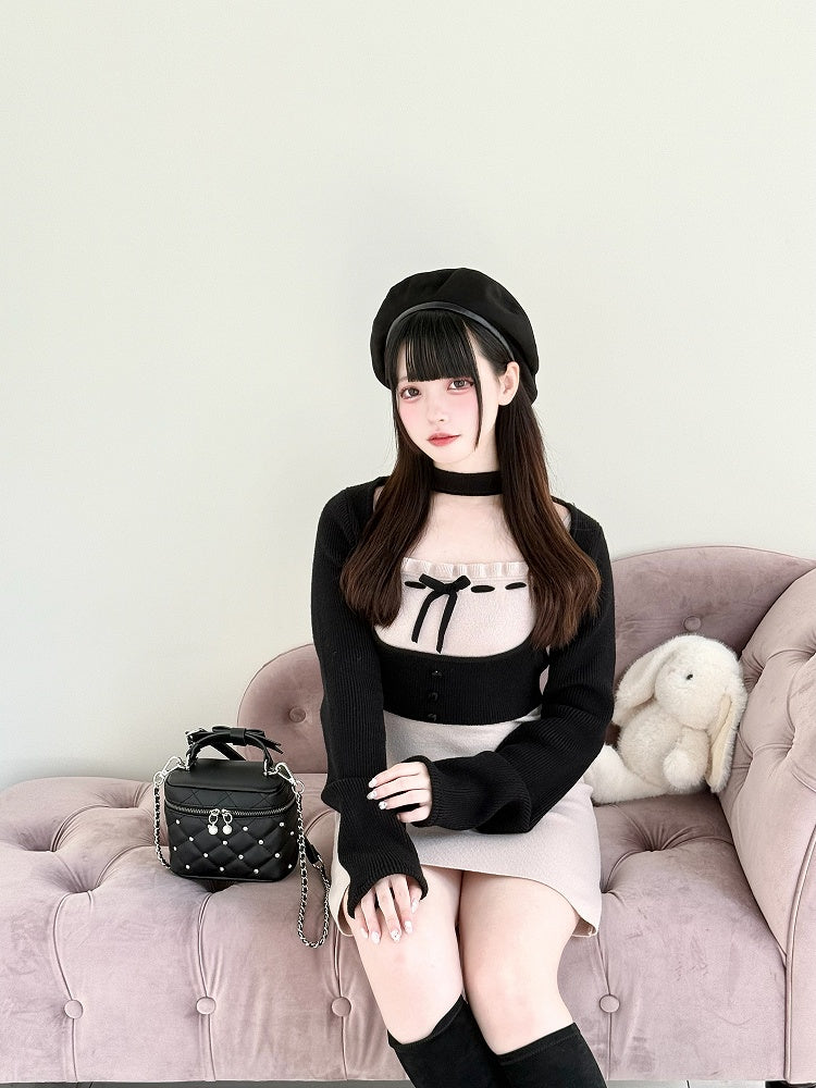 Pink/White/Black Jirai Kei Quilted Crossbody/Handbag with Rhinestone Decor