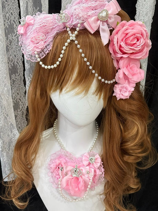 Pink Rhinestone Crown And Heart Decorated Lace Trim Bead Chain Bowknot Hairclip With 3 Floral Hairclips