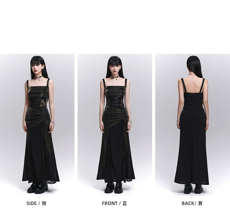 Black Lace Patches Waist Drawstring Hip Sleeveless Dress
