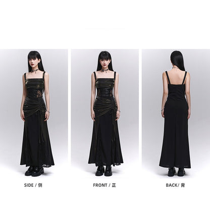 Black Lace Patches Waist Drawstring Hip Sleeveless Dress