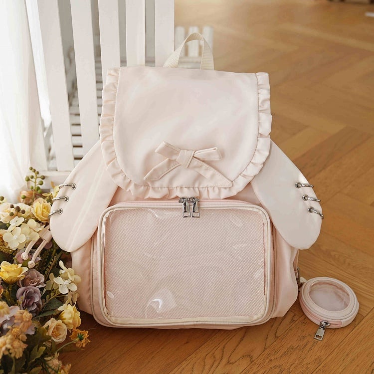 Light Pink Detachable Bunny Ears Design Fold-over Flap Ita Backpack