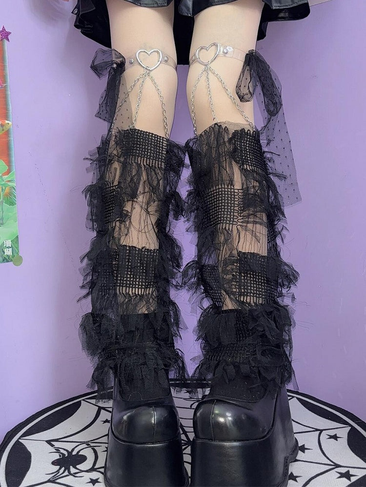 White/Black Y2K Tassels Leg Sleeves With Self-tie Strap Decorated Heart Garters