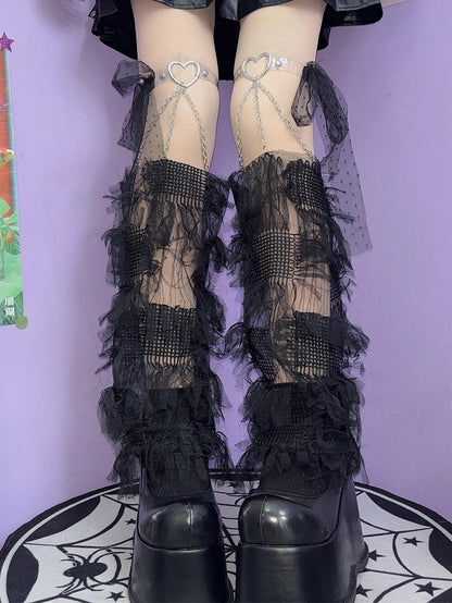 White/Black Y2K Tassels Leg Sleeves With Self-tie Strap Decorated Heart Garters