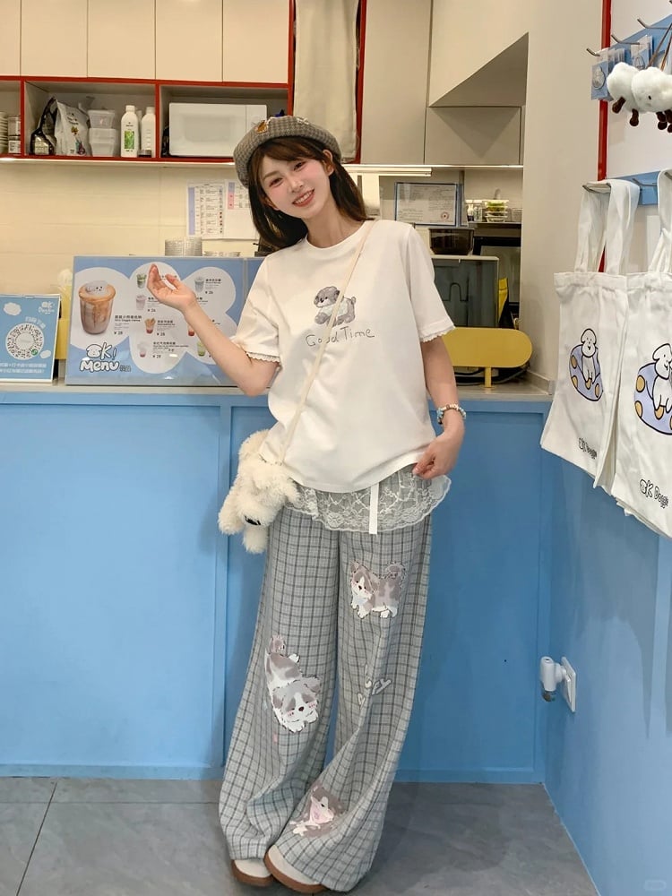 Adorable Puppy Print White Round Neck Loose T-shirt