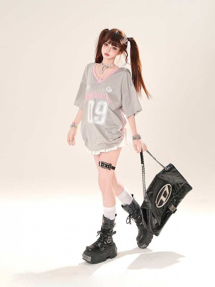 Gray/Dark Blue Number Print Hollow-out T-shirt V-neck Loose Top