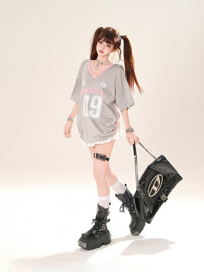 Gray/Dark Blue Number Print Hollow-out T-shirt V-neck Loose Top