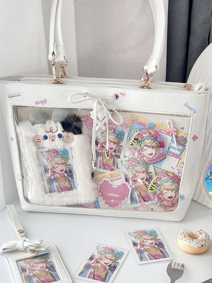 White Bow Accents Lace-up Detail Ita Shoulder Bag with Free Charm