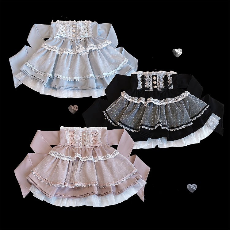 Black/Pink/Blue High Waist Sweetheart Buttons Lace Trim Jirai Kei Tiered Skirt