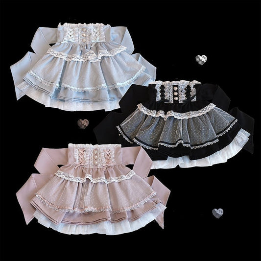 Black/Pink/Blue High Waist Sweetheart Buttons Lace Trim Jirai Kei Tiered Skirt