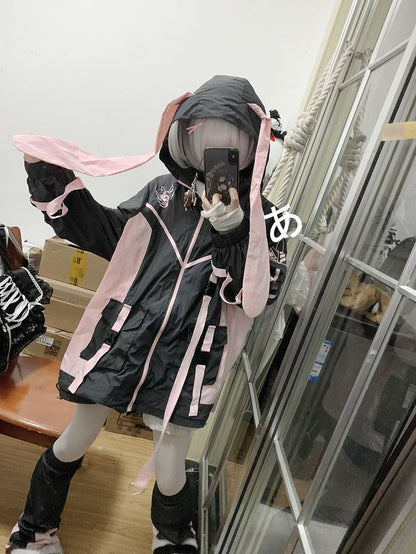 Black & Pink Bunny Ear Colorblock Design Jersey Maid Jirai Kei Hooded Jacket/Leg Warmers