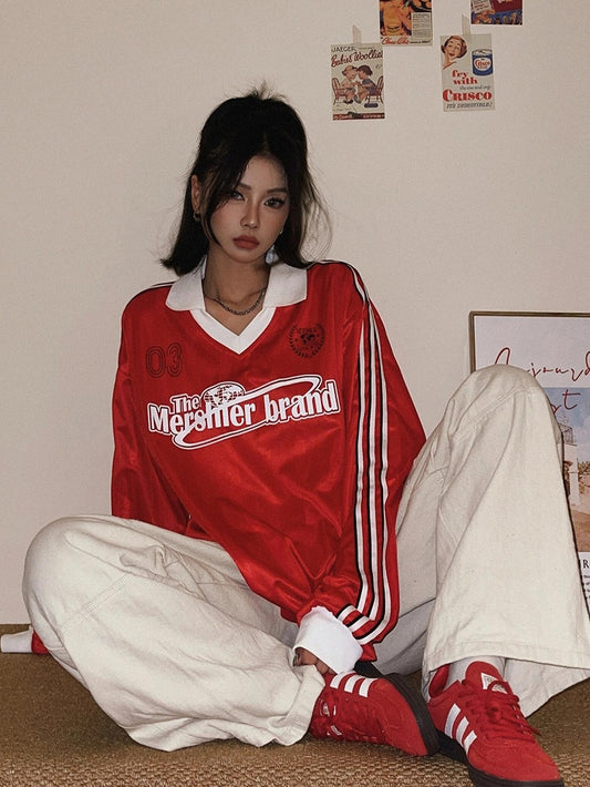 Red Vintage Sport Sweatshirt with White Side Stripes