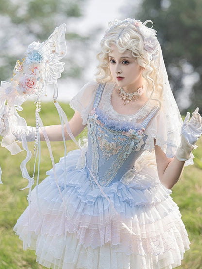 Blue Princess Lolita Corset Dress Floral Embroidery Jumper Skirt