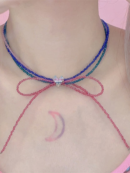 Colorful Y2K Heart Decorated Bowknot Design Beaded Choker