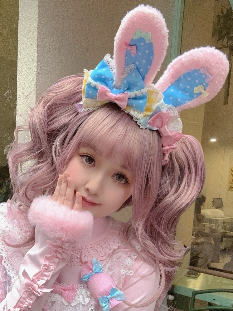 Black/Blue&Pink Polka-dot And Plaid Pattern Bowknot Details Thicken Version Plush Large Size Bunny Ear KC