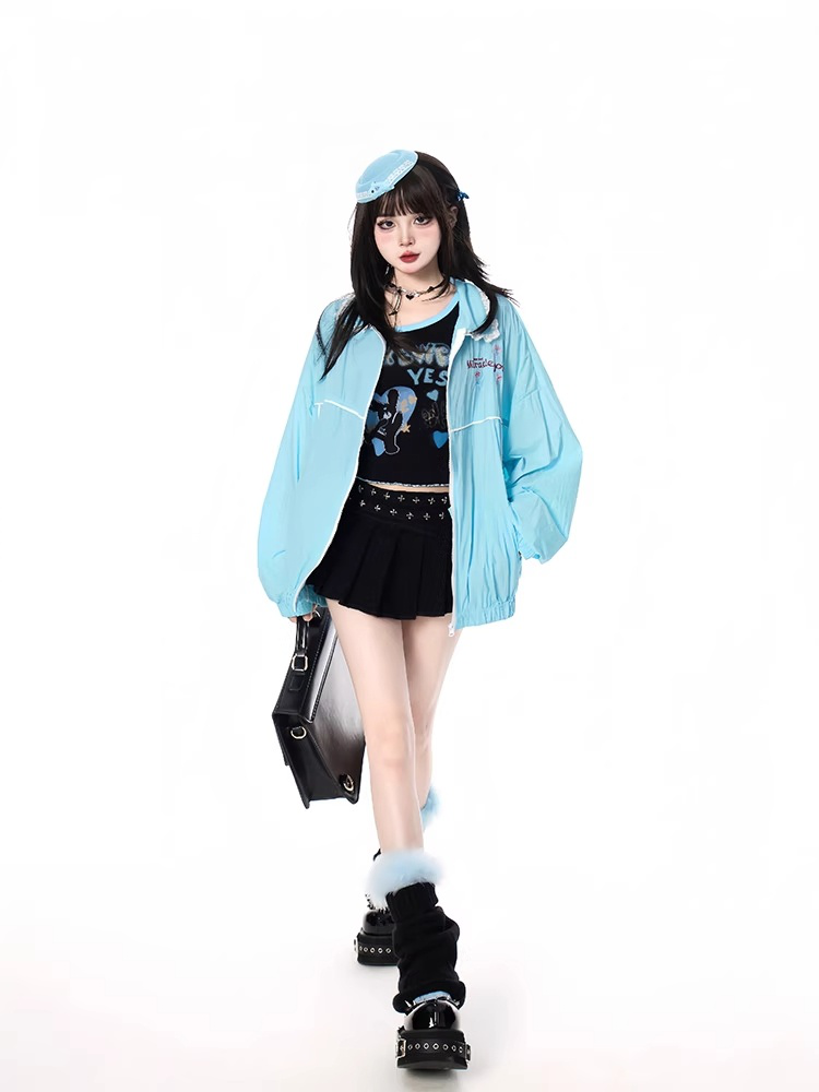 Blue Shirt Collar Elastic Cuffs and Hem Zip-up Jacket