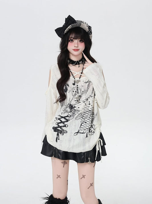 Criss-cross Design Neckline Cutout Shoulder Splash Ink Print Distressed Holes Apricot Top