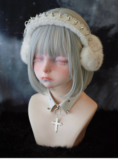 White Handmade Studs and Pins Ruffle Hem Heart Plush Earmuffs